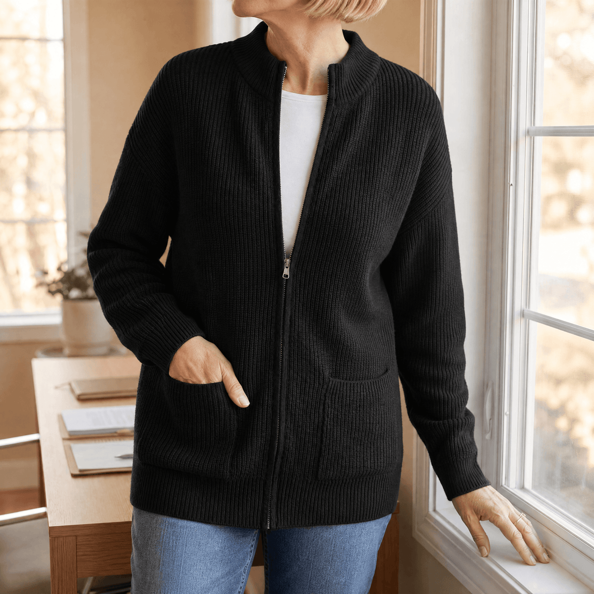 Covena Ripp-Strick Damen Strickjacke mit Reissverschluss und Taschen