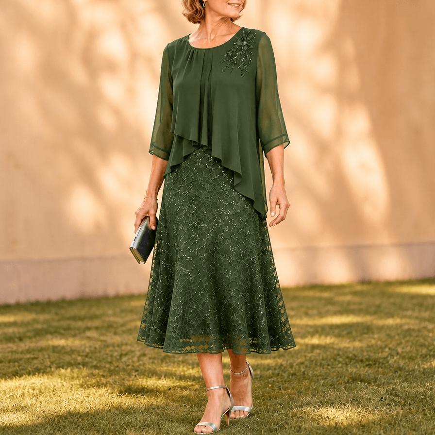 Elegantes Midikleid mit Spitzenoverlay und Chiffonärmeln