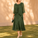 Elegantes Midikleid mit Spitzenoverlay und Chiffonärmeln