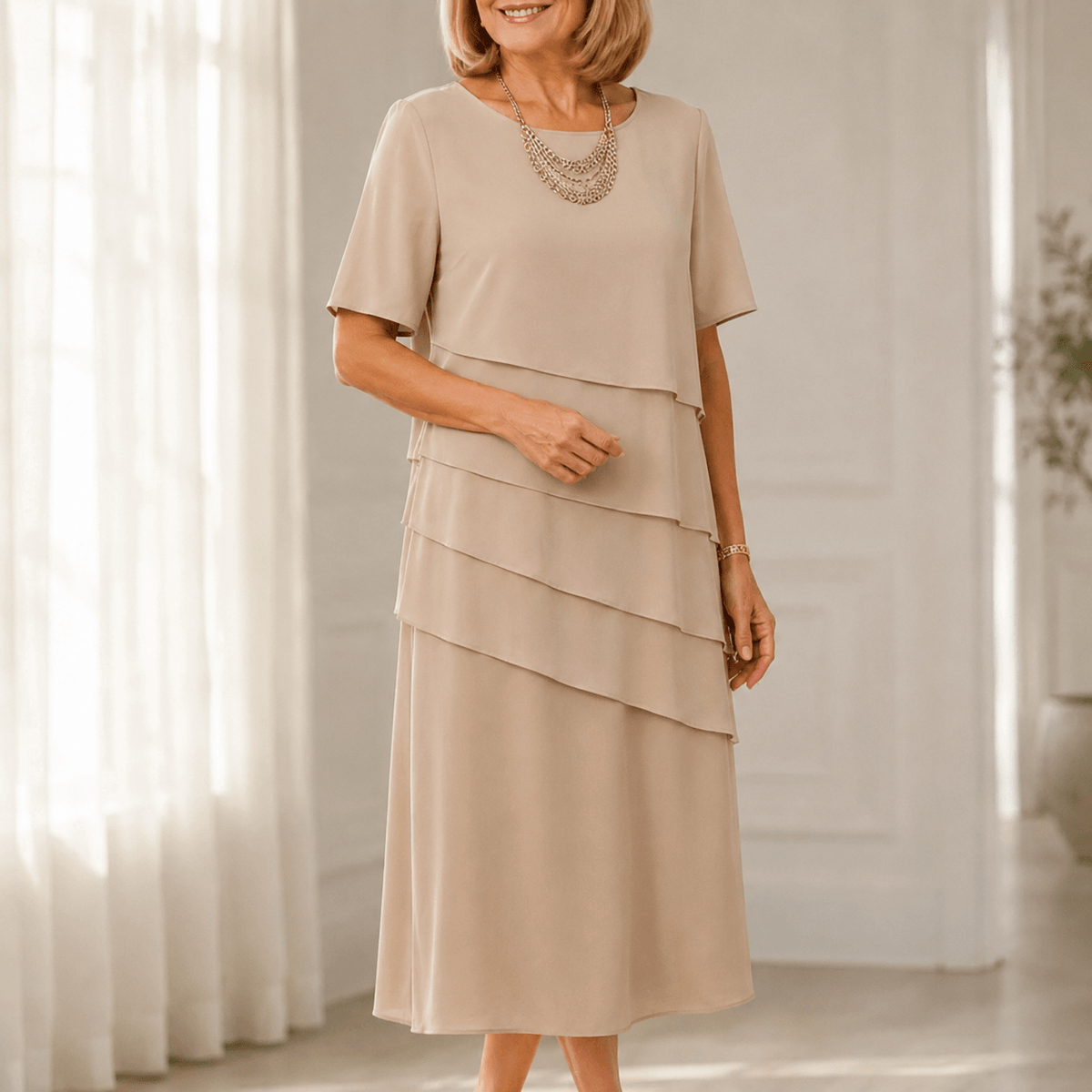 Florenza Gestuftes Damen-Midikleid aus Chiffon-Optik mit Rundhalsausschnitt