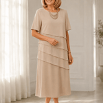 Florenza Gestuftes Damen-Midikleid aus Chiffon-Optik mit Rundhalsausschnitt