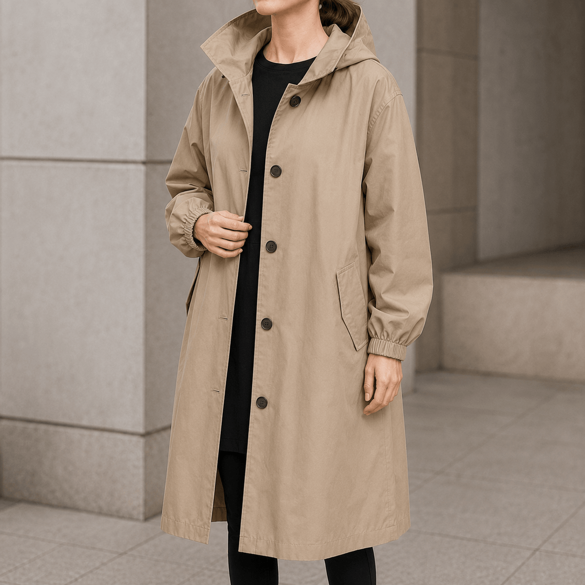 Kapuzen-Midi-Trenchcoat für Damen aus Baumwollmischung mit Kordelzug in der Taille