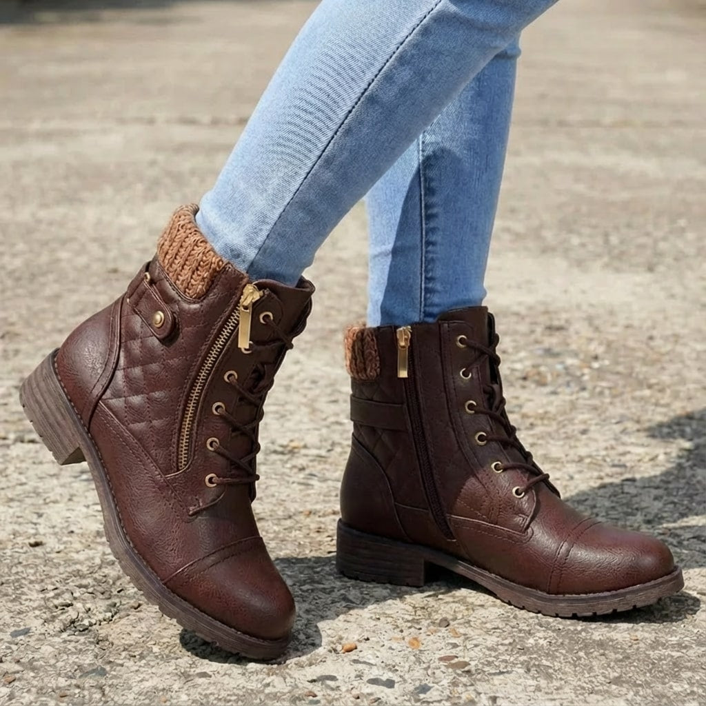 Damen Schnürstiefeletten mit Quilt-Optik und Blockabsatz