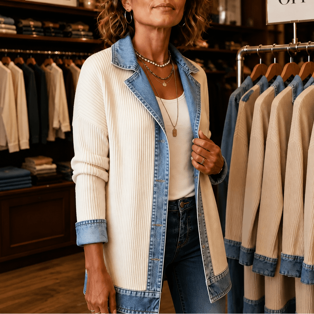 Strickjacke mit Denim-Paneelen und gerippter Struktur