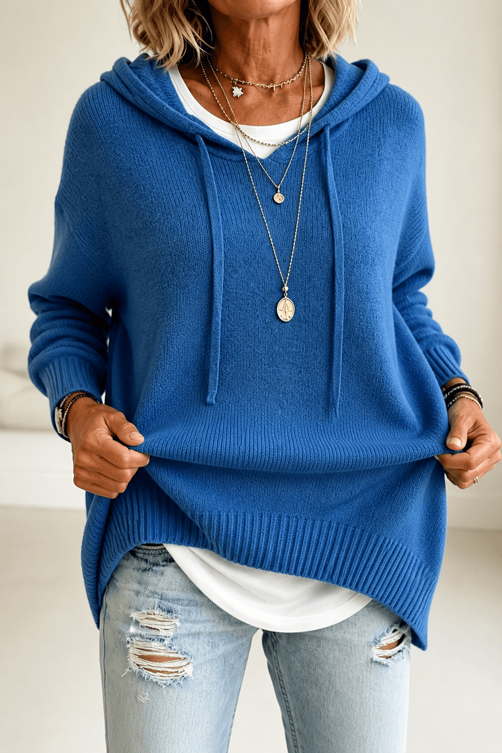Oversize Kapuzen-Strickpullover mit Kordelzug für Damen