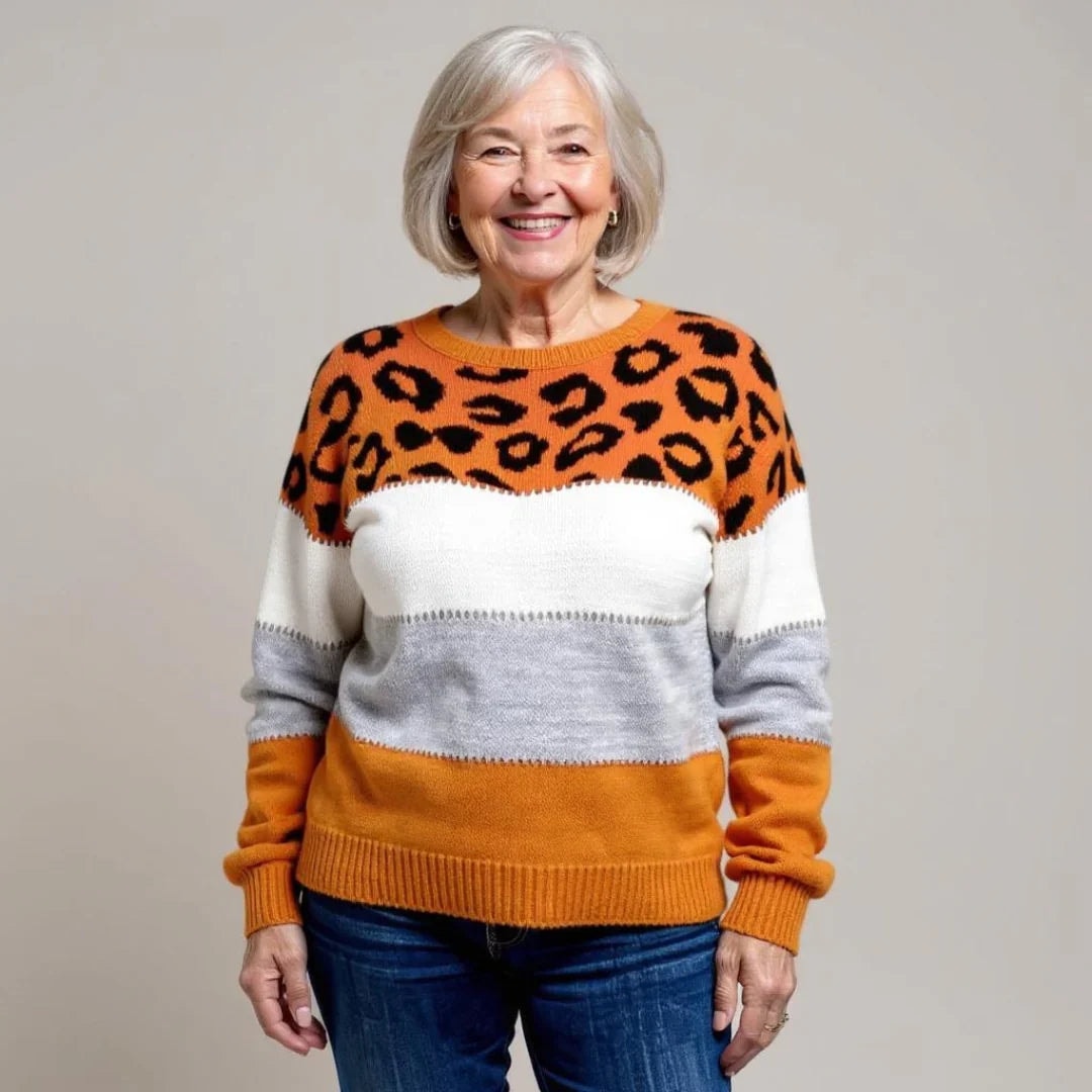 Jasmine Damen Norwegerpullover Strick mit Leopardenmuster und Farbblock-Design