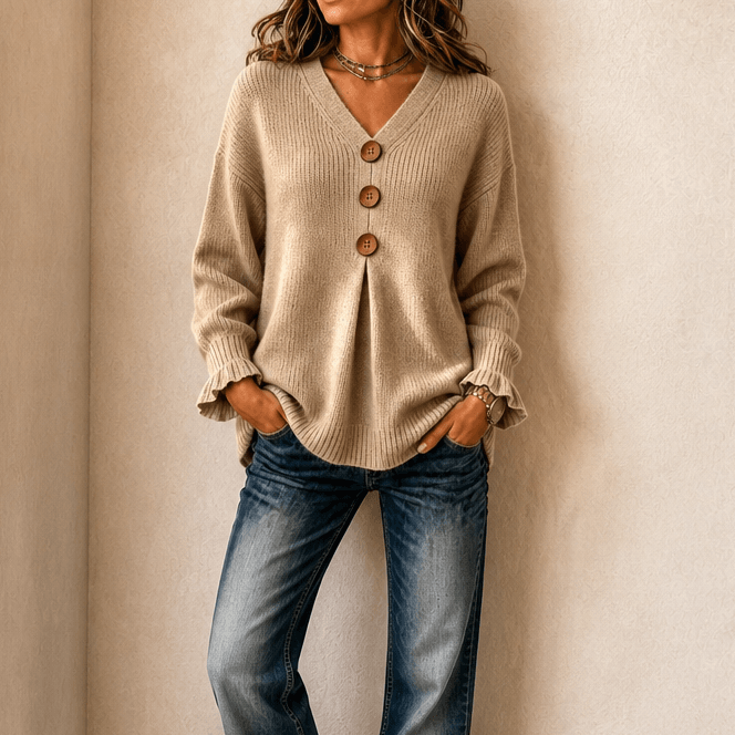 Damen V-Ausschnitt Strickpullover mit Knopfleiste und Rippstruktur
