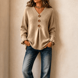 Damen V-Ausschnitt Strickpullover mit Knopfleiste und Rippstruktur