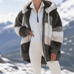 Damen Colorblock Kunstfell Jacke Oversized mit Kapuze
