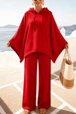 Damen Weite Stoffhose mit Kapuzenponcho im Zweiteiler-Set