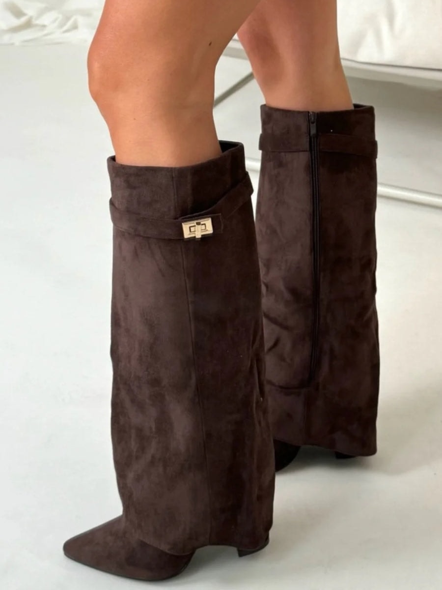 Damen Winterstiefel aus Wildleder mit Umschlag-Schaft und Blockabsatz