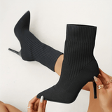 Damen Stiefeletten mit spitzer Zehe und Stiletto-Absatz aus Strickmaterial