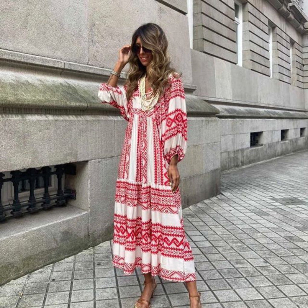 Bedrucktes Maxikleid mit V-Ausschnitt und langen Ärmeln für den Herbst