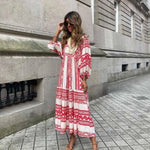 Bedrucktes Maxikleid mit V-Ausschnitt und langen Ärmeln für den Herbst