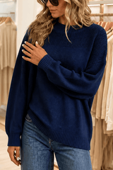 Oversized Damen Rippstrick-Wollpullover mit Wasserfallausschnitt und lässigem Schulterfall