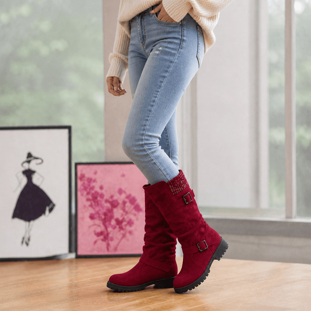 Damen Winterstiefel aus Veloursleder mit Strickbündchen und Profilsohle im Slouch-Design