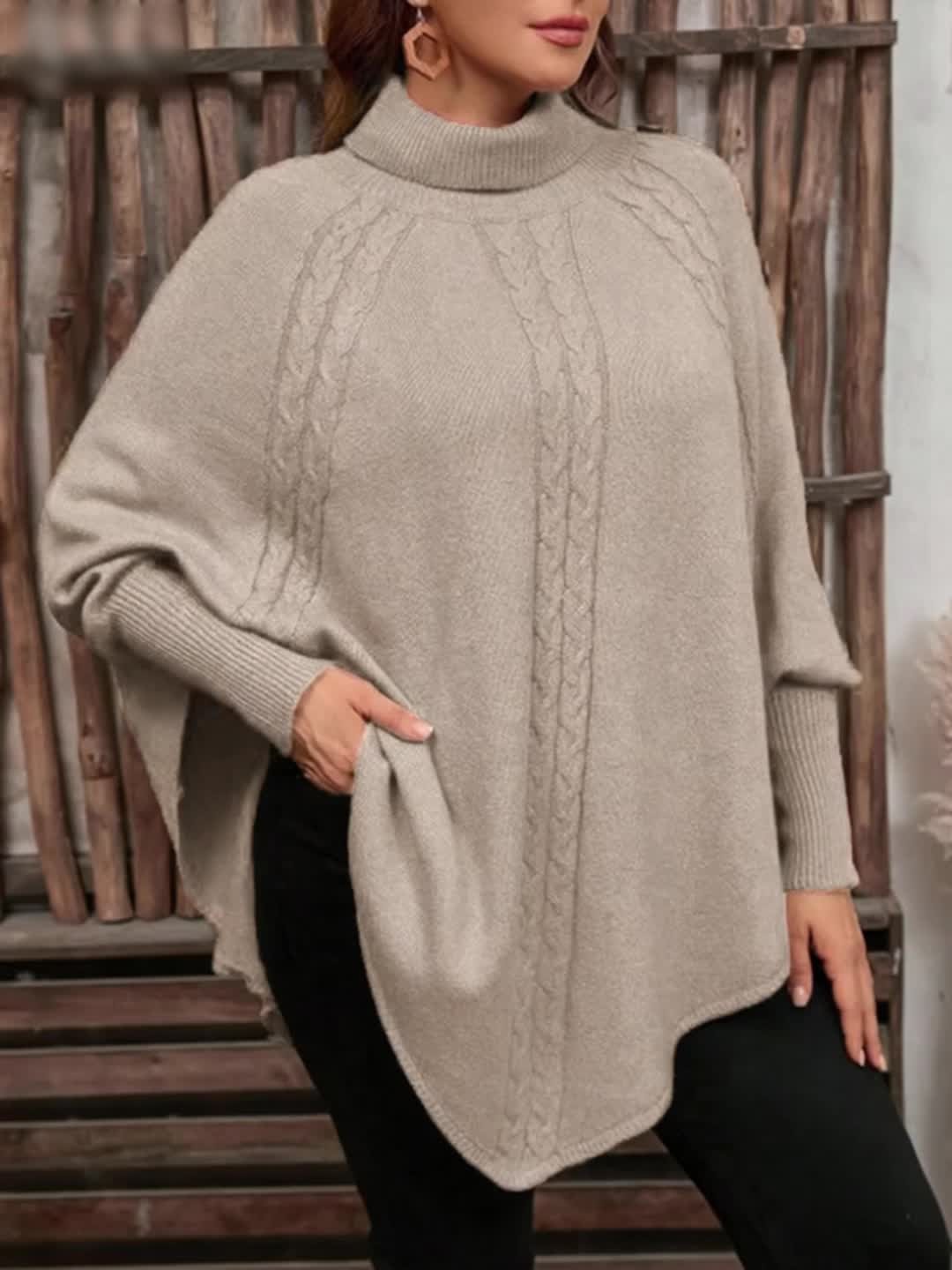 Poncho Pullover mit Rollkragen Zopfmuster und Knopfleiste für Damen