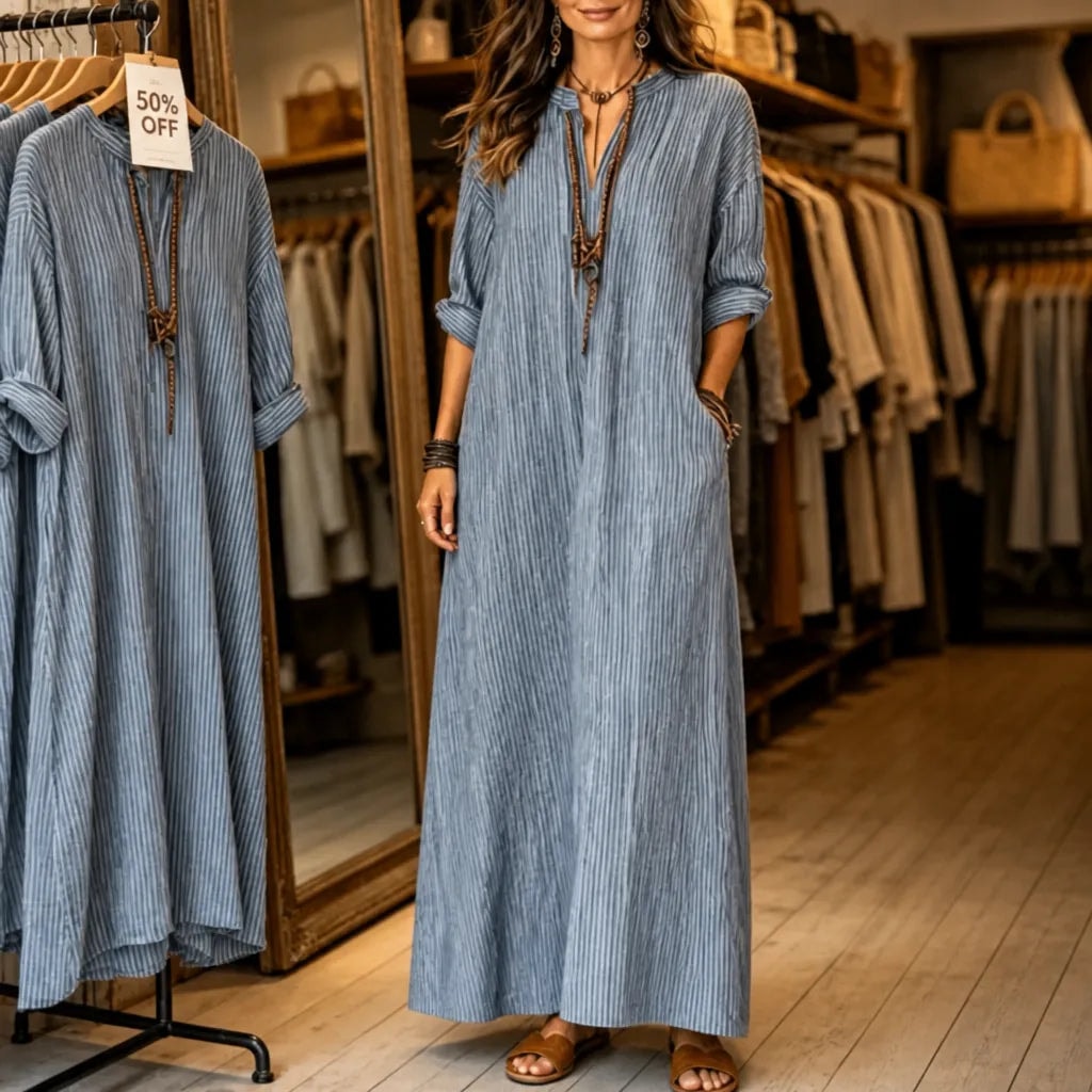 Gestreiftes Boho V-Ausschnitt Maxikleid mit Taschen und Langarm