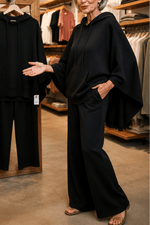Damen Weite Stoffhose mit Kapuzenponcho im Zweiteiler-Set