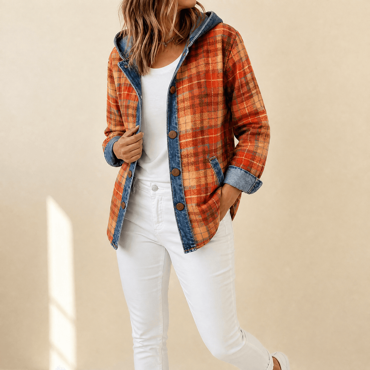 Weslyn Karierte Hemdjacke mit Kapuze und Denim-Kontrast