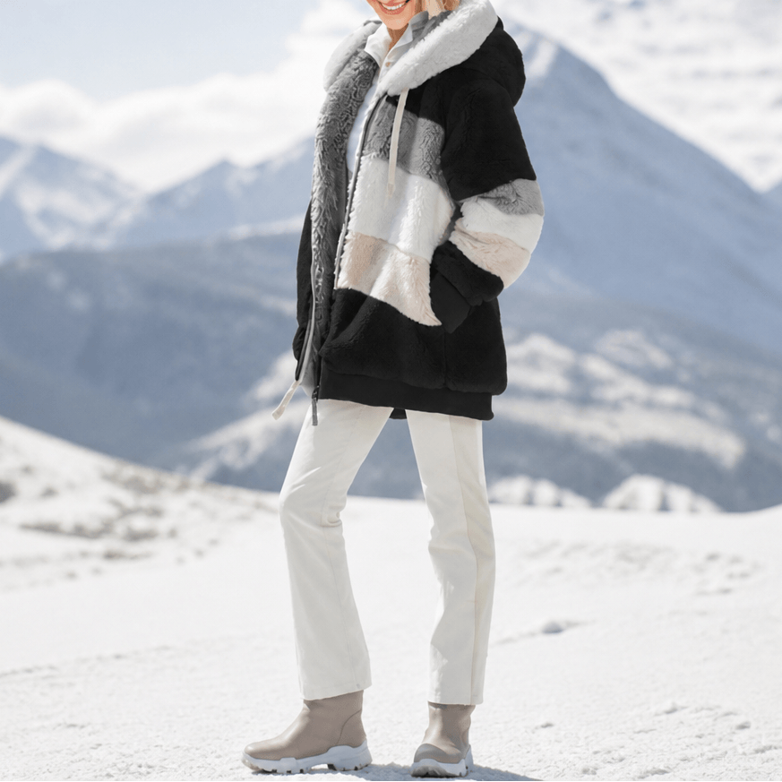 Damen Colorblock Kunstfell Jacke Oversized mit Kapuze