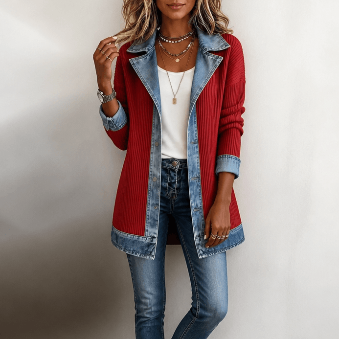 Strickjacke mit Denim-Paneelen und gerippter Struktur