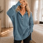 Oversize Waffelstrick Henley Hoodie mit Knopfleiste