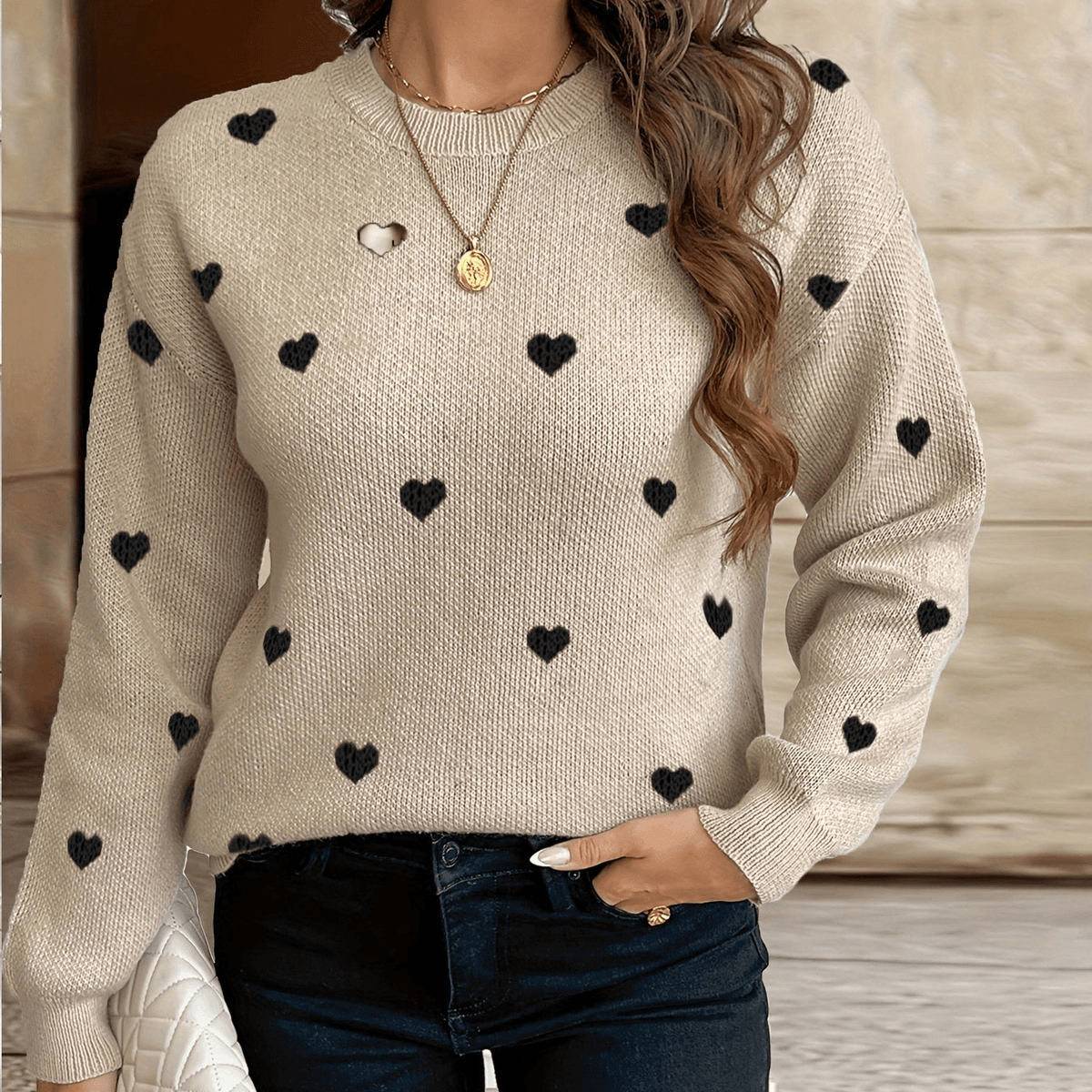 Herzmuster Strickpullover mit Rundhalsausschnitt für Damen