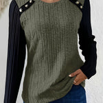 Damen Pullover Langarmshirt mit Kontrastärmeln und Knopfdetail am Rundhals