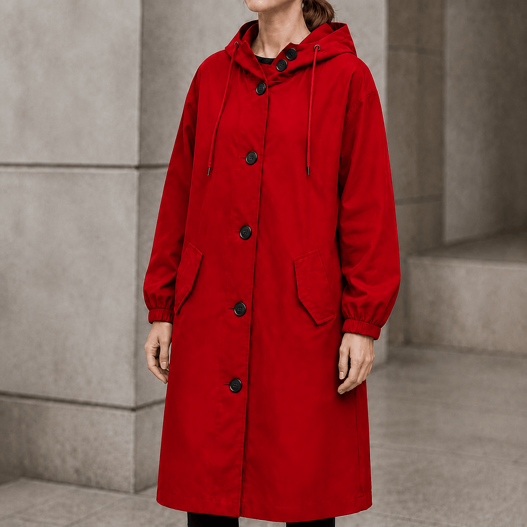 Kapuzen-Midi-Trenchcoat für Damen aus Baumwollmischung mit Kordelzug in der Taille