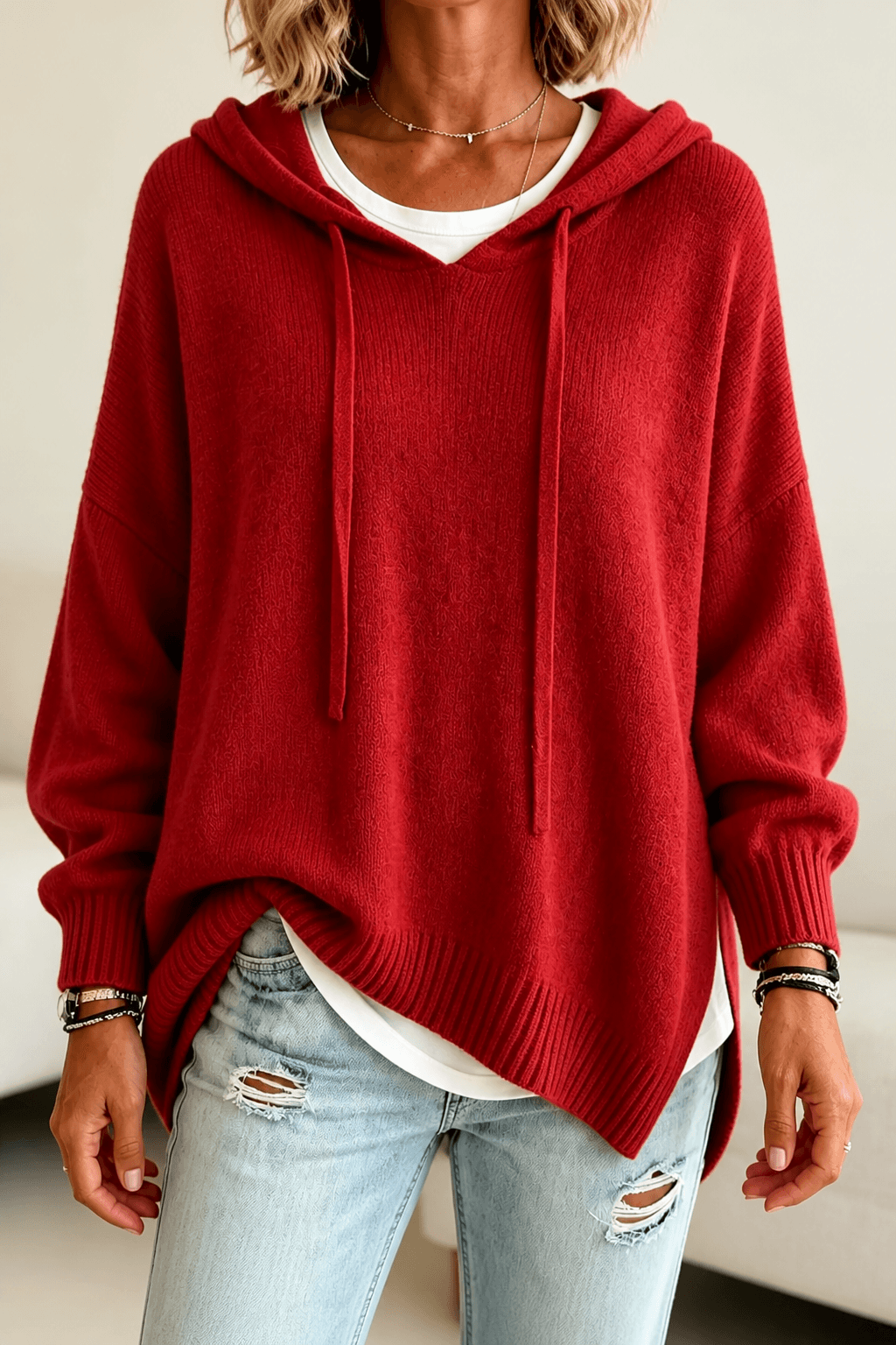 Oversize Kapuzen-Strickpullover mit Kordelzug für Damen