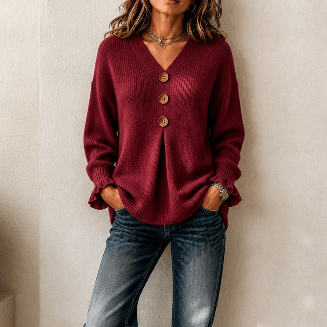 Damen V-Ausschnitt Strickpullover mit Knopfleiste und Rippstruktur