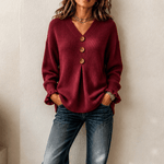 Damen V-Ausschnitt Strickpullover mit Knopfleiste und Rippstruktur