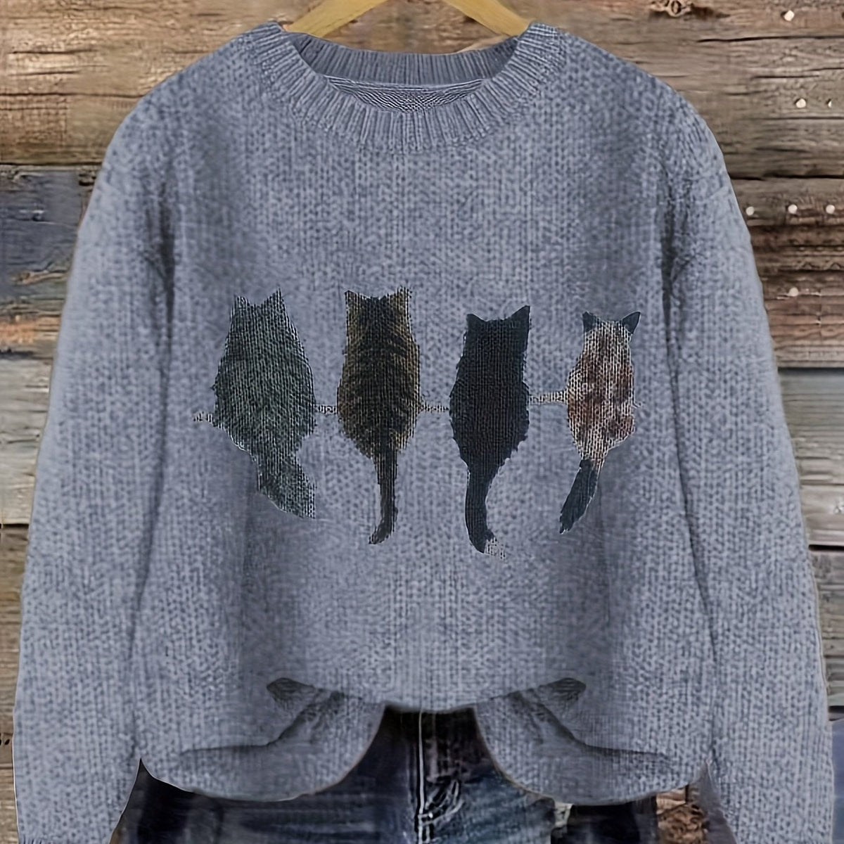 Grobstrick Rundhals Damenpullover mit Katzen-Motiv und Rippbündchen