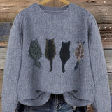 Grobstrick Rundhals Damenpullover mit Katzen-Motiv und Rippbündchen