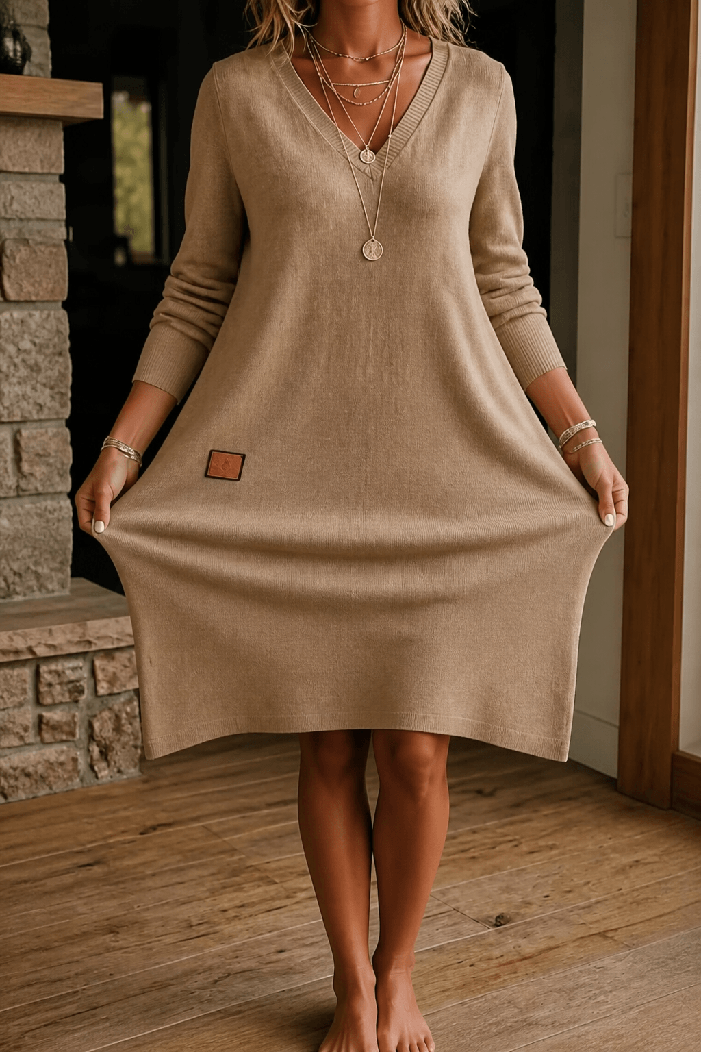 Curvella A-Linien Strickkleid mit V-Ausschnitt Midi für Damen