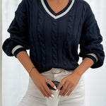 Damen Norweger-Pullover mit Zopfmuster V-Ausschnitt Kontraststreifen