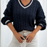 Damen Norweger-Pullover mit Zopfmuster V-Ausschnitt Kontraststreifen