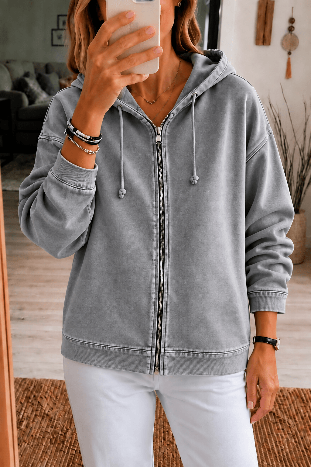 Damen Kapuzenjacke mit Reissverschluss und Waschoptik