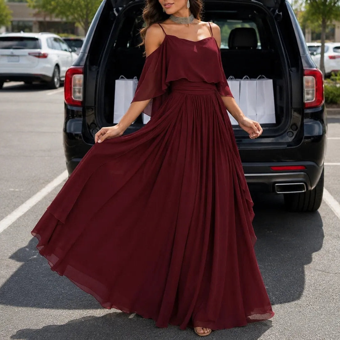 Kaltschulter Maxikleid mit Wickeloptik und Chiffon-Cape für Damen