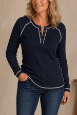 Damen Waffelstrick Henley Shirt mit Kontrastnähten