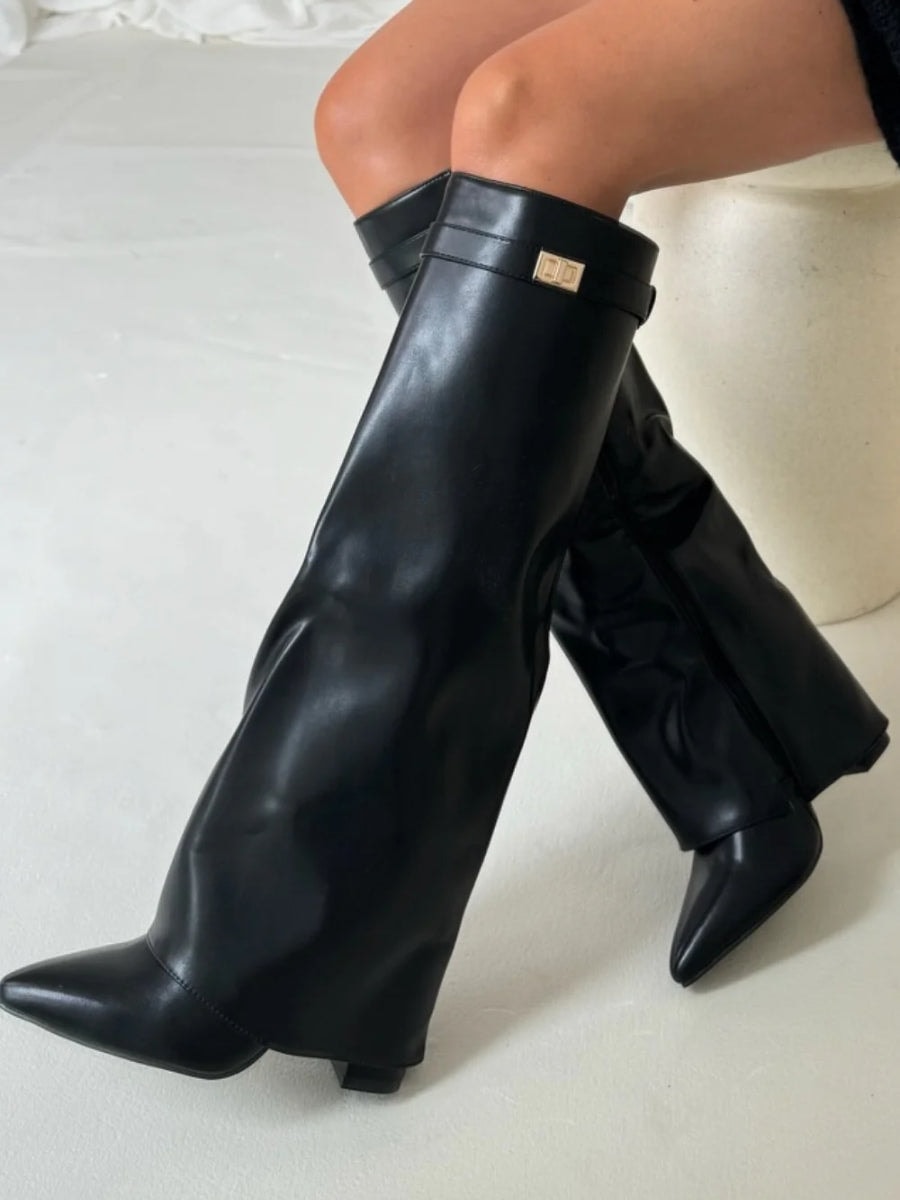 Damen Winterstiefel aus Wildleder mit Umschlag-Schaft und Blockabsatz