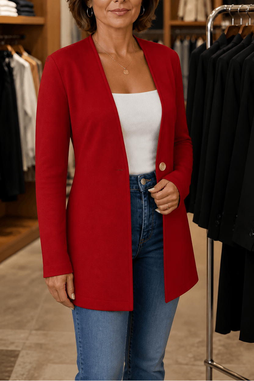 Linevalle Langer Blazer mit V-Ausschnitt und Einknopfverschluss für Damen aus Polyester