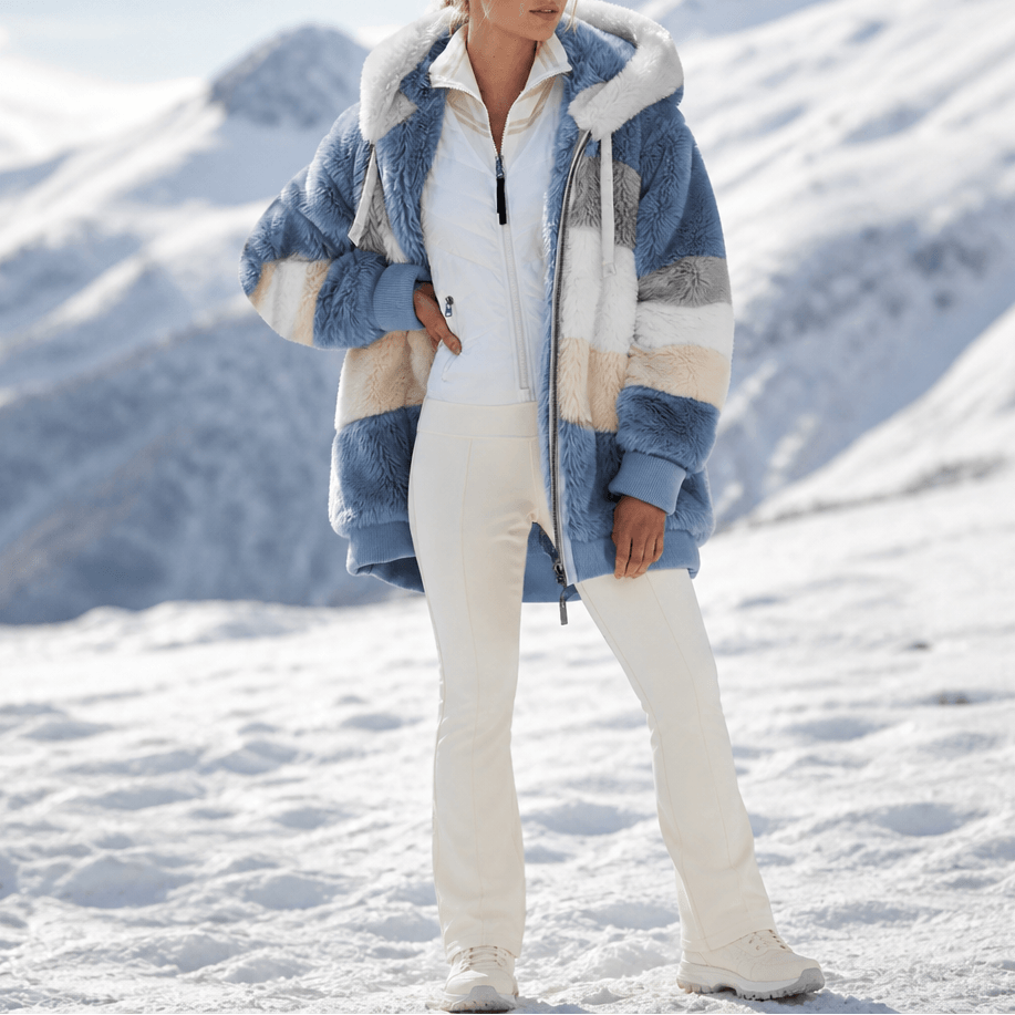 Damen Colorblock Kunstfell Jacke Oversized mit Kapuze