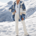 Damen Colorblock Kunstfell Jacke Oversized mit Kapuze