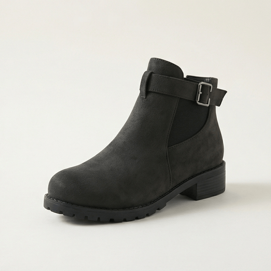 Damen Stiefeletten aus Veloursleder-Optik mit Schnalle und Blockabsatz