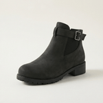 Damen Stiefeletten aus Veloursleder-Optik mit Schnalle und Blockabsatz
