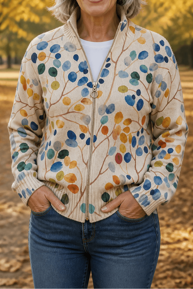 Botanischer Strick-Cardigan mit durchgehendem Reissverschluss für Damen