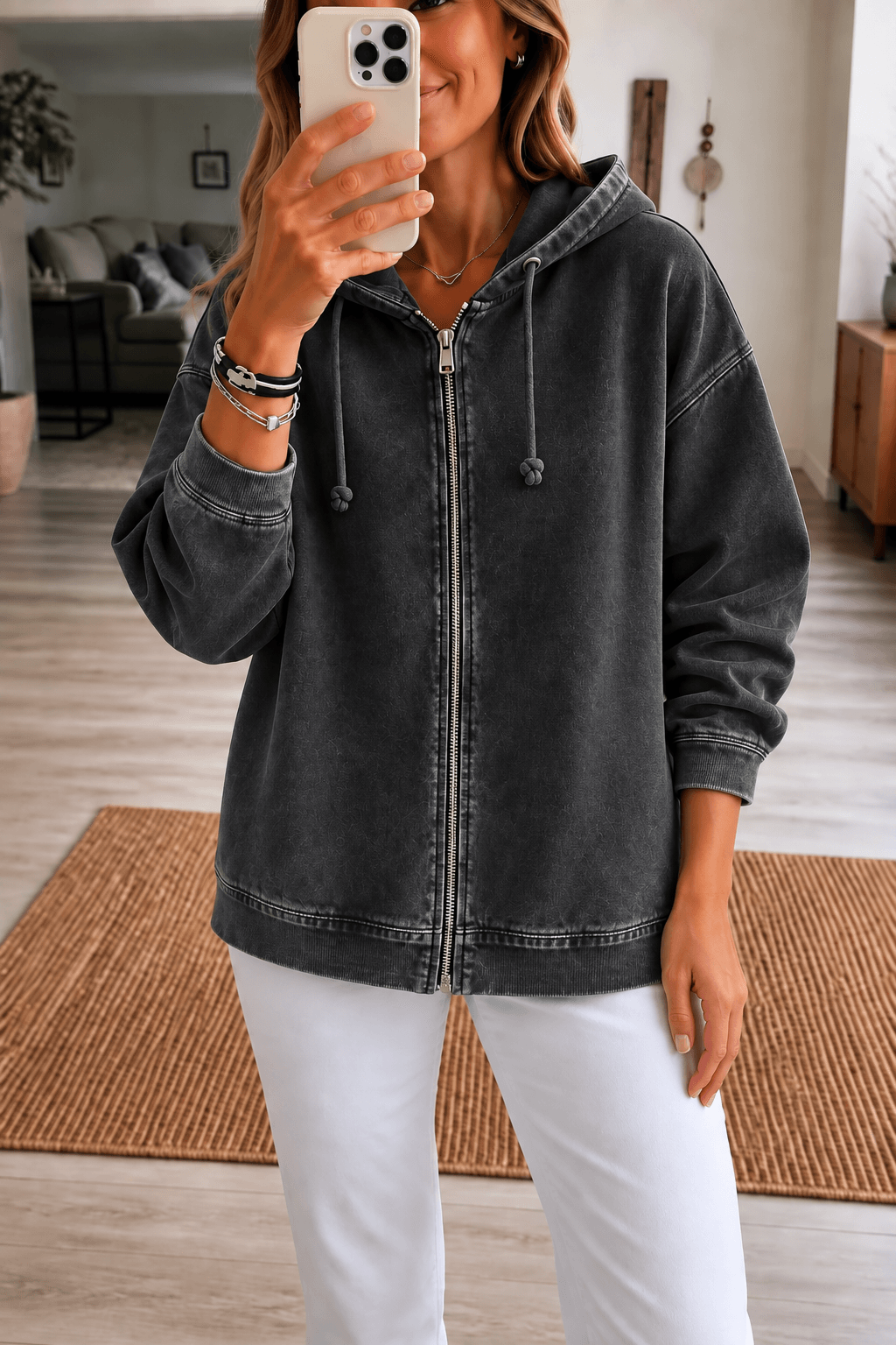 Damen Kapuzenjacke mit Reissverschluss und Waschoptik