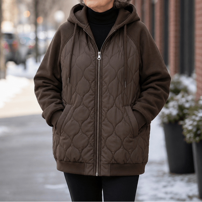 Kapuzen-Steppjacke mit Colorblock-Nähten und Wattierung für Damen